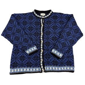 Vtg LL‎ BEAN Cardigan Sweater Womens XL Wool Blend Blue Nordic Fair Isle USA